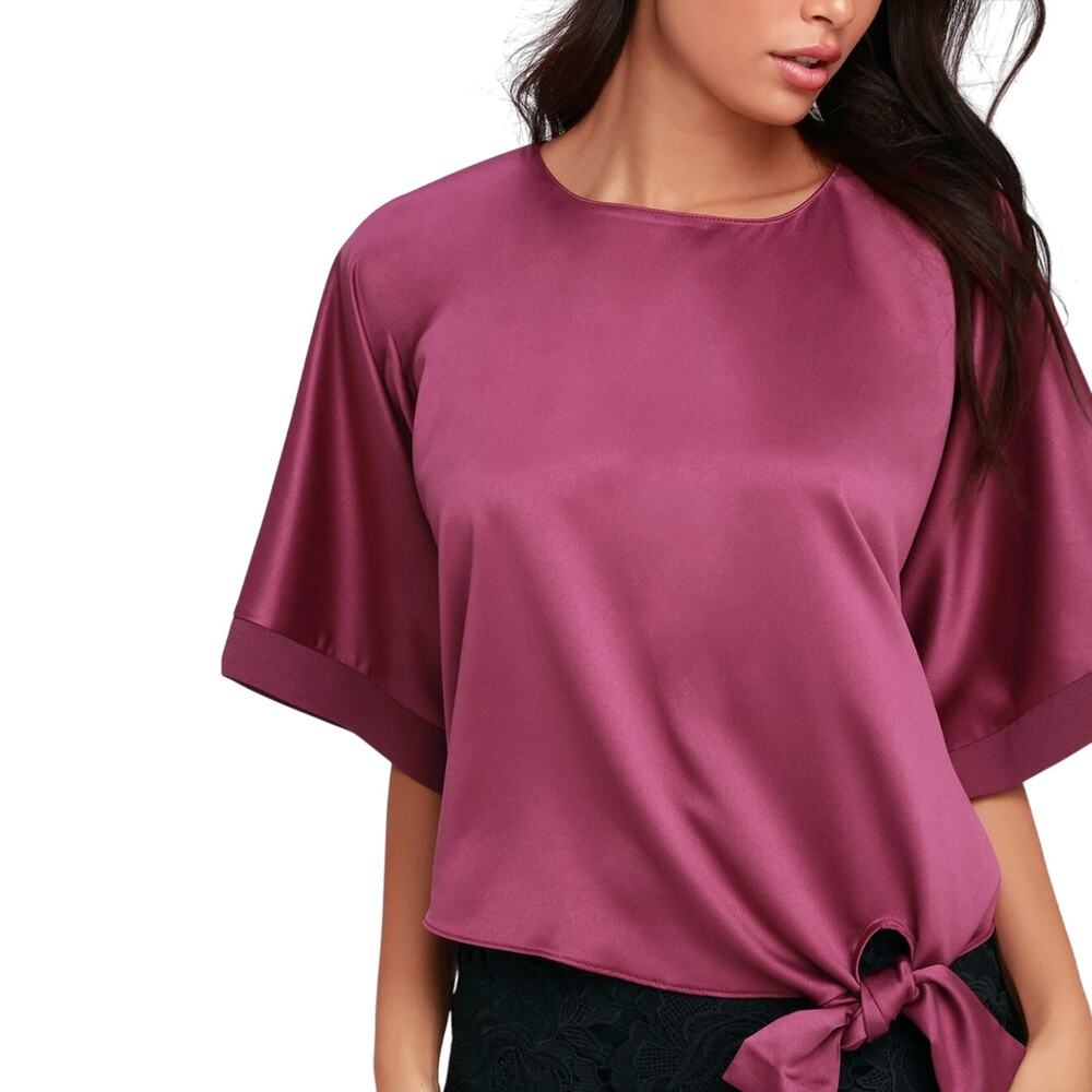Lulus I. Madeline Mixology Purple Satin Tie-Front Top Purple Satin Blouse XS
